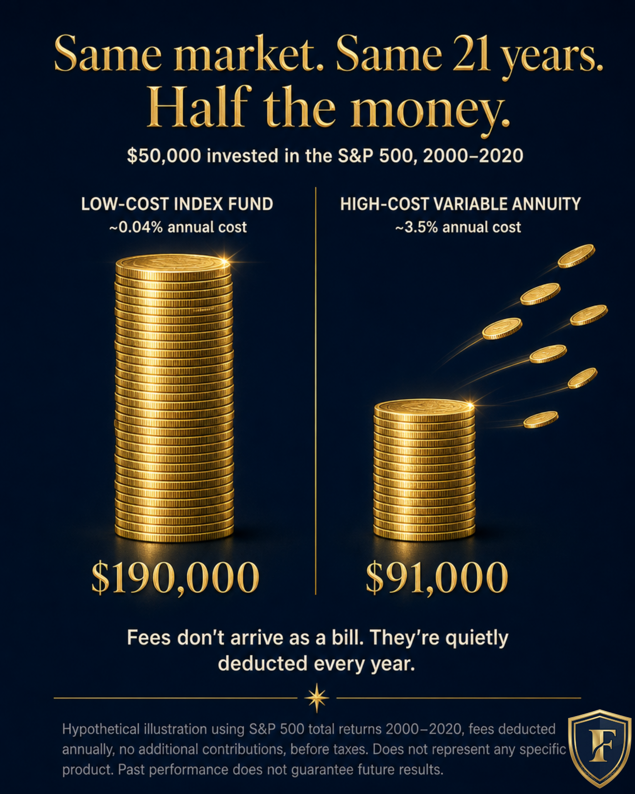 Same market, same 21 years, half the money: $50,000 in a low-cost index fund versus a high-cost variable annuity