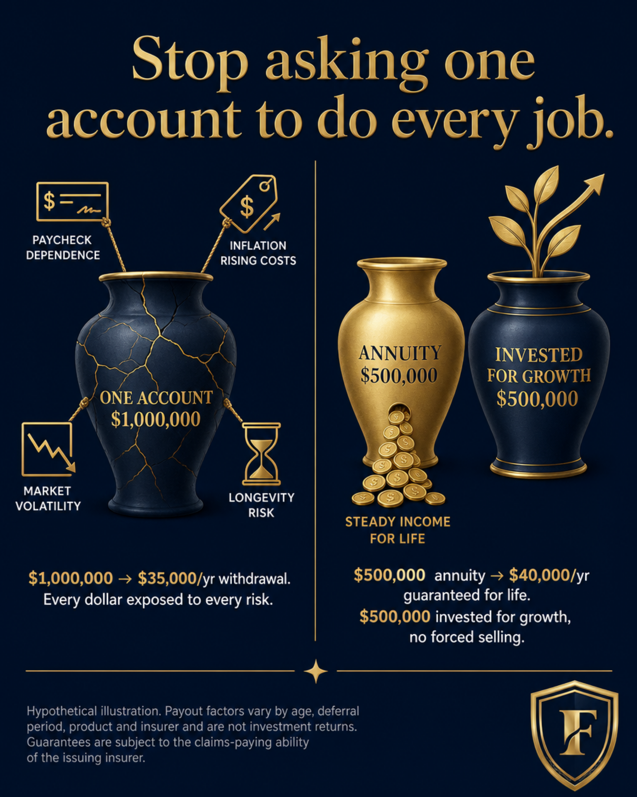 Stop asking one account to do every job: one $1 million account versus a $500,000 annuity plus $500,000 invested for growth