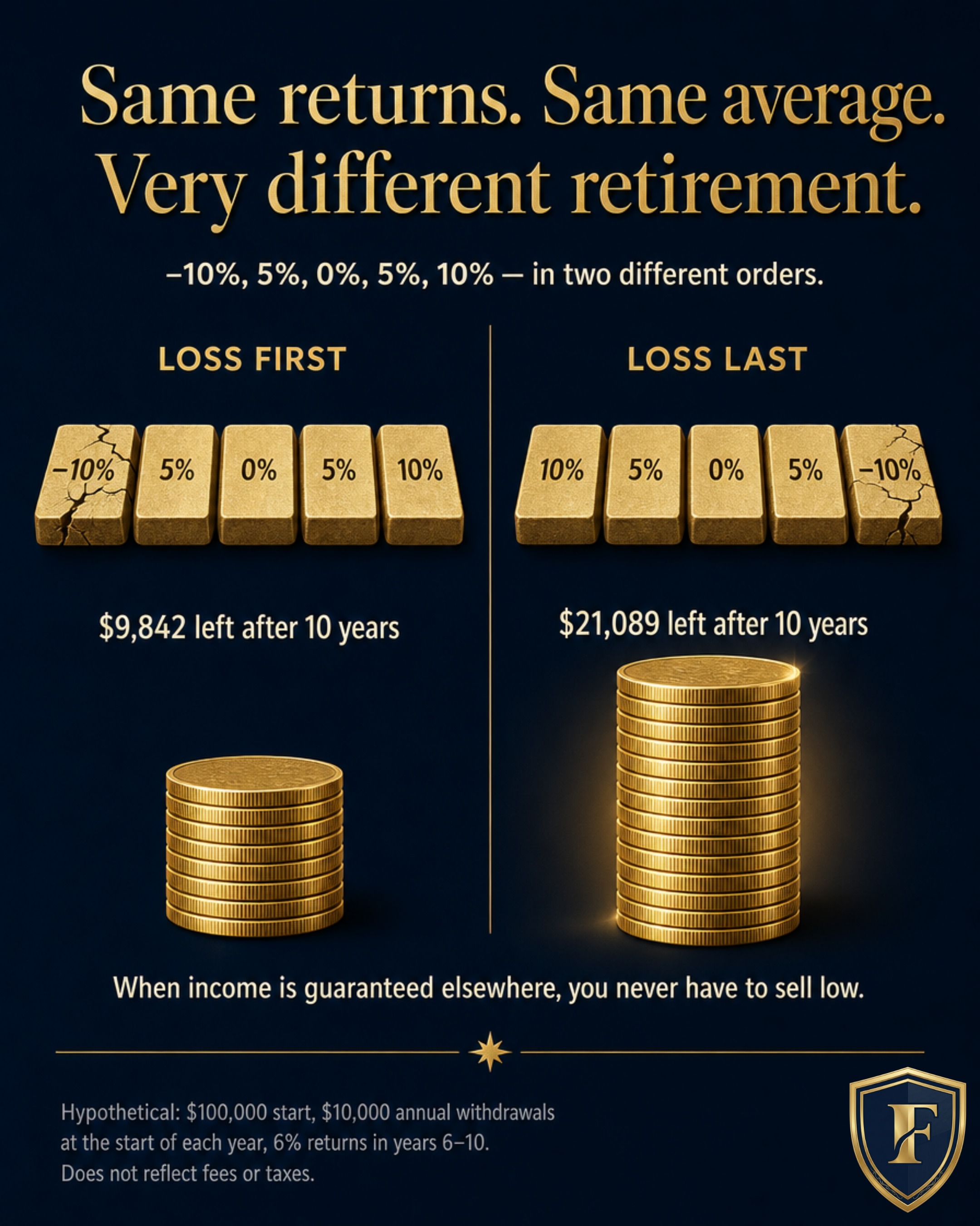 Infographic showing two retirees with the same average return and $10,000 annual withdrawals. The one who experienced a loss first has $9,842 left after 10 years, versus $21,089 for the one whose loss came last.
